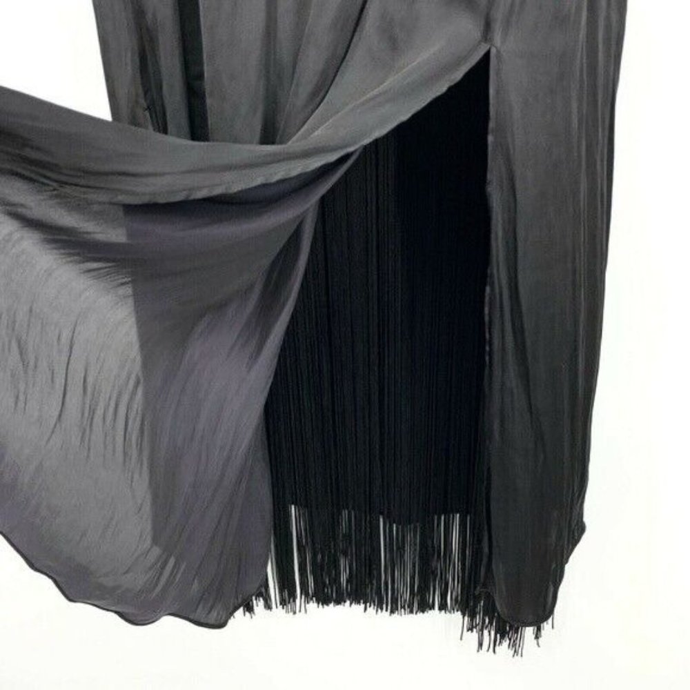 Massimo Dutti Maxi Dress Black Satin Sleeveless Tie Neck Fringe Slit - Picture 7 of 10